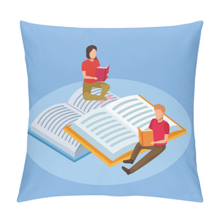 Personality  Cartoon Woman And Man Reading Books Sitting On Big Books Pillow Covers