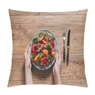 Personality  Cropped Shot Of Hands Holding Plate With Gourmet Salad With Mussels And Vegetables Pillow Covers