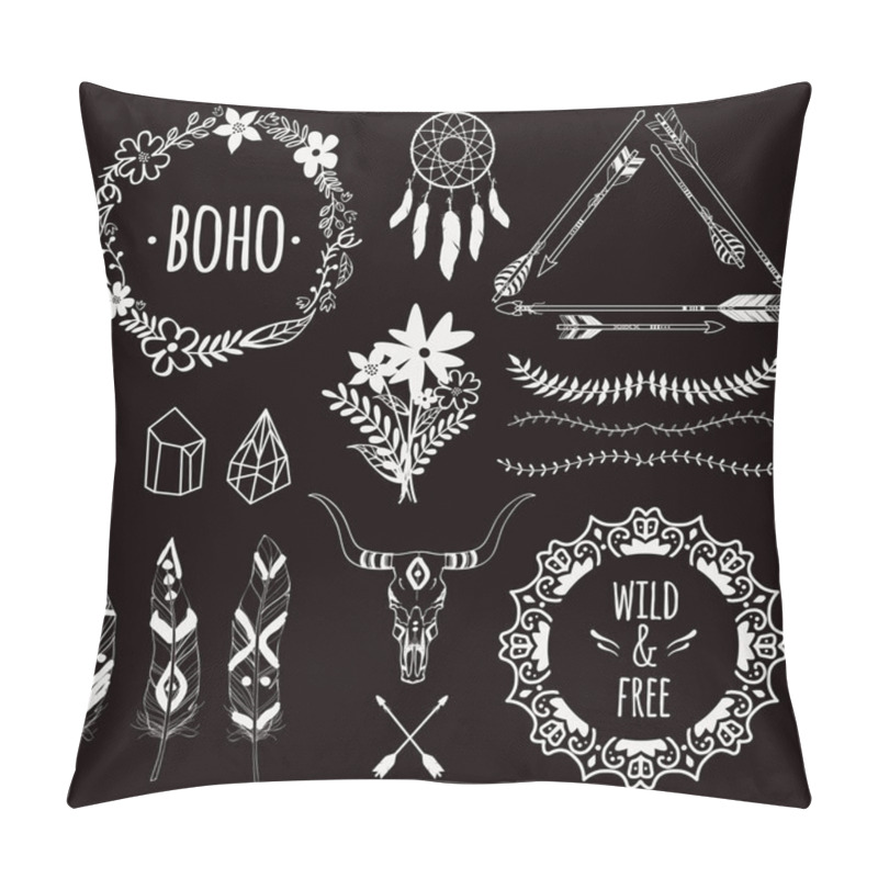 Personality  Vector monochrome ethnic set with arrows, feathers, crystals, floral frames, borders, dream catcher, bull skull. Modern romantic boho style. Templates for invitations, scrapbooking. Hippie design elements. pillow covers