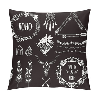 Personality  Vector Monochrome Ethnic Set With Arrows, Feathers, Crystals, Floral Frames, Borders, Dream Catcher, Bull Skull. Modern Romantic Boho Style. Templates For Invitations, Scrapbooking. Hippie Design Elements. Pillow Covers