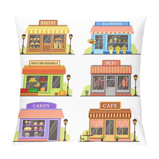 Personality  Flat Store. Modern Shop, Boutique Shopfront And Restaurant Facade Design. Shopping Stores Cartoon Illustration Set Pillow Covers