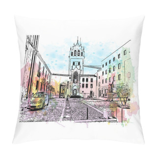 Personality  Print Building View With Landmark Of Braga Is A City In The Far North Of Portugal. Watercolour Splash With Hand Drawn Sketch Illustration In Vector. Pillow Covers