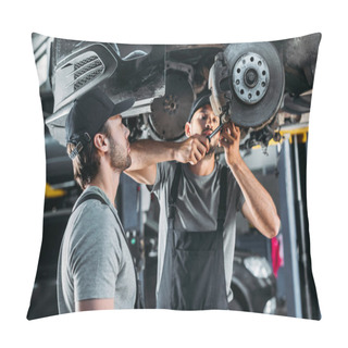 Personality  Professional Mechanics Repairing Car Without Wheel In Auto Repair Shop Pillow Covers
