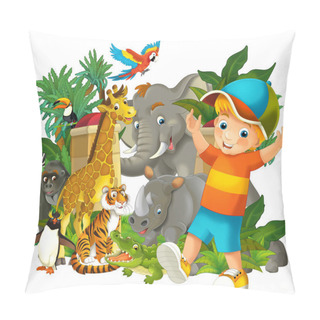 Personality  Cartoon Zoo Scene Near The Entrance With Different Animals And Kid - Amusement Park - Illustration For Children Pillow Covers