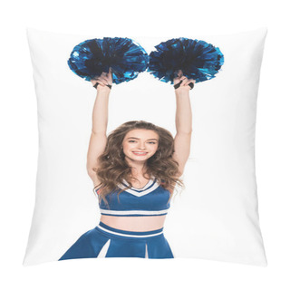Personality  Happy Cheerleader Girl In Blue Uniform Dancing With Pompoms Isolated On White Pillow Covers