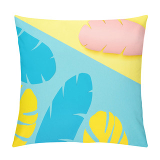 Personality  Top View Of Paper Cut Palm Leaves On Blue And Yellow Background Pillow Covers