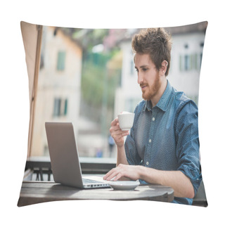 Personality  Young Man Connecting With A Laptop At The Bar Pillow Covers