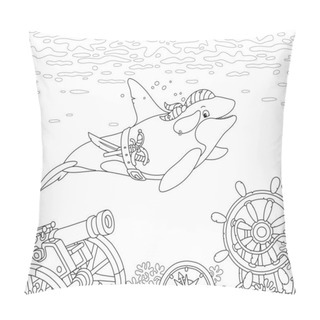 Personality  Killer Whale Swimming With A Pirate Bandana, A Saber And A Pistol Over Wreckage Of An Old Sunken Sail Ship On A See Bottom, Black And White Vector Cartoon Illustration For A Coloring Book Pillow Covers