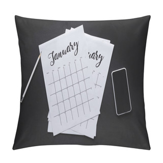 Personality  Flat Lay With Paper Calendar, Smartphone And Pencil Isolated On Black Pillow Covers