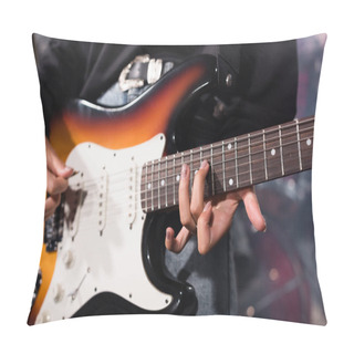 Personality  KYIV, UKRAINE - AUGUST 25, 2020: Cropped View Of Female Musician Playing Electric Guitar On Blurred Background Pillow Covers