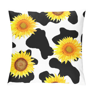 Personality  Watercolor Hand Drawn Seamless Cow Print Fabric Pattern, Yellow Sunflower Floral Black White Colors. Cowboy Cow Girl Western Background Illustration Design, Milk Organic Animal Skin Farm Wallpaper. Pillow Covers
