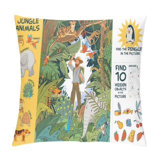 Personality  Explorer In Indian Jungle Stands Among Hidden Animals. Find All Animals In Picture. Find 10 Hidden Objects In Picture. Find Penguin. Puzzle Hidden Items. Funny Cartoon Character. Vector Set Pillow Covers