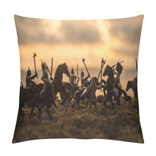 Personality  Medieval Battle Scene With Cavalry And Infantry. Silhouettes Of Figures As Separate Objects, Fight Between Warriors On Sunset Foggy Background. Selective Focus Pillow Covers