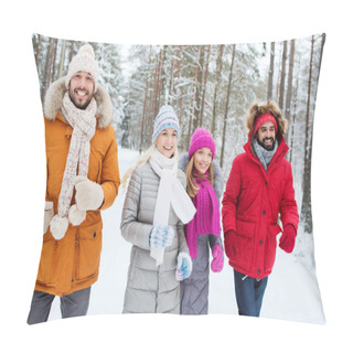 Personality  Group Of Smiling Men And Women In Winter Forest Pillow Covers