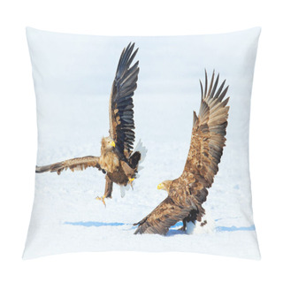 Personality  Winter Scene With Two Birds Of Prey. Flying White-tailed Eagle, Haliaeetus Albicilla, Hokkaido, Japan. Action Wildlife Scene With Ice. Two Eagles Fighting About Fish.  Pillow Covers