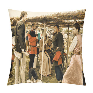 Personality  Vatra, Moldova. June 28, 2015. Medieval Festival. Historic Clubs Pillow Covers