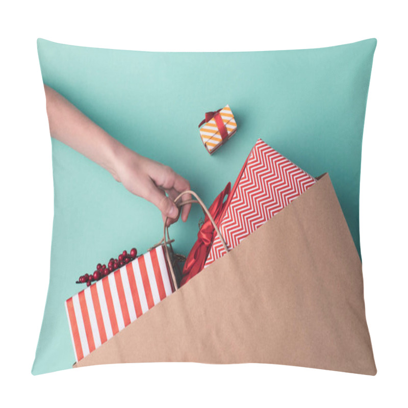 Personality  Hand Holding Paper Bag With Presents Pillow Covers