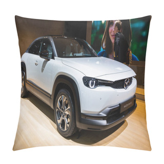Personality  BRUSSELS - JAN 9, 2020: New Mazda MX-30 Electric Car Presented At The Brussels Autosalon 2020 Motor Show. Pillow Covers