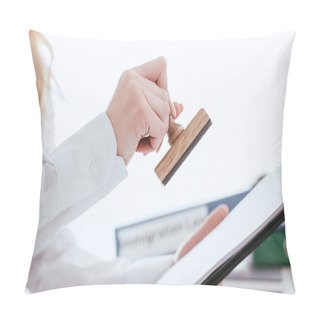 Personality  Selective Focus Of Female Lawyer Holding Clipboard And Stamp In Hands Isolated On White Pillow Covers