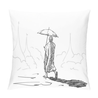 Personality  Sketch Of Buddhist Monk With Umbrella Walking Among A Pagodas, Hand Drawn Vector Illustration Pillow Covers