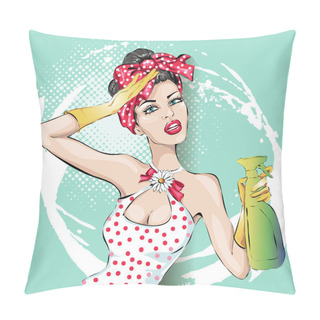 Personality  Pin-up Housewife Woman Portrait With Wiper. Housekeeping, Sexy Wife Pillow Covers