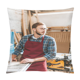 Personality  Selective Focus Of Handsome Woodworker Using Cnc Machine In Workshop Pillow Covers
