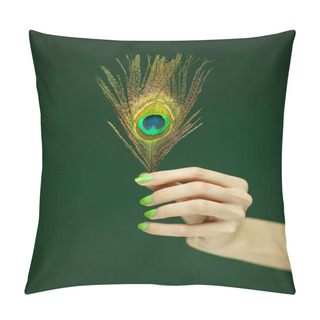 Personality  Woman Hand Holding Exotic Peacock Feather, Sensual Studio Shot With Green Background Pillow Covers