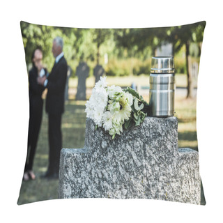 Personality  Selective Focus Of Bouquet Of White Flowers And Mortuary Urn On Tombstone Near Man And Woman  Pillow Covers