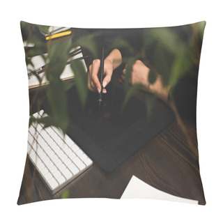 Personality  Cropped Shot Of Designer Using Graphics Tablet At Workplace   Pillow Covers