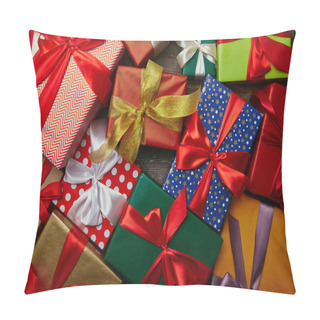 Personality  Flat Lay With Christmas Presents Wrapped In Different Wrapping Papers With Ribbons On Wooden Surface Pillow Covers