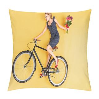 Personality  Pretty Young Woman With Flower Bouquet Riding On Bicycle On Yellow Background Pillow Covers