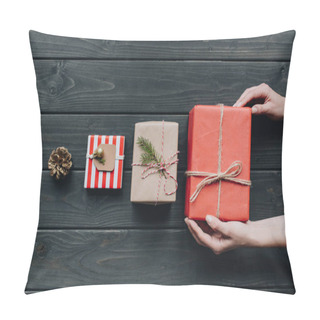 Personality  Woman Placing Christmas Gift In Row Pillow Covers