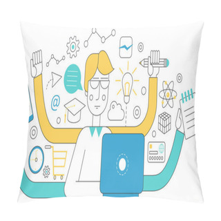 Personality  People Self Employment And Different Multitasking Concept. Fast Talented Freelancer Man Near Laptop. Project Management Business Multitasking Flat Line Concept. Pillow Covers