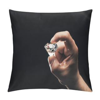 Personality  Partial View Of Man Holding Big Clear Shiny Diamond Isolated On Black  Pillow Covers