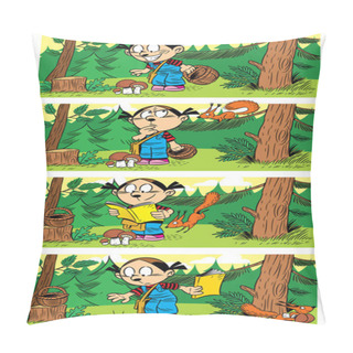 Personality  Vector Illustration With Children And Animals. A Girl Picks Mushrooms In The Forest, And A Squirrel Steals Them. Comic Book Page For Children In Cartoon Style For Printing In Children's Publications. Pillow Covers