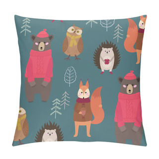 Personality  Children Seamless Pattern With Woodland Animals, Funny Cartoon Characters. Bear, Owl, Squirrel And Hedgehog In The Forest. Textile Print. Pillow Covers