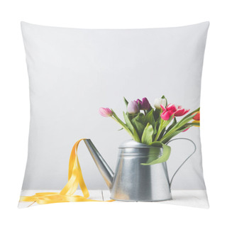 Personality  Beautiful Colorful Tulips In Watering Can With Yellow Ribbon On Grey   Pillow Covers