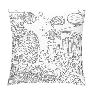 Personality  Underwater World With Corals And Fish Outlined For Coloring Page On White Background Pillow Covers
