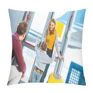 Personality  Selective Focus Kid Meeting Mother With Luggage In Airport  Pillow Covers