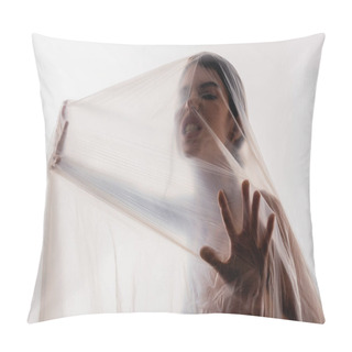 Personality  Trapped And Angry Woman Touching Polyethylene Isolated On White, Ecology Concept Pillow Covers