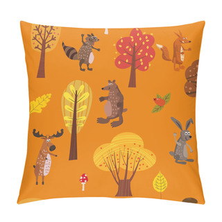 Personality  Autumn Forest Cute Animals Seamless Pattern With Trees Leaves Trendy Flat Cartoon Style Pillow Covers