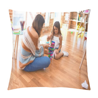 Personality Beautiful Teacher And Toddler Playing With Wooden Building Blocks Around Lots Of Toys At Kindergarten Pillow Covers