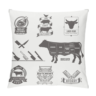 Personality  American Cuts Of Beef. Vector Set Of Beef Logos, Labels, Knives And Design Elements. Pillow Covers