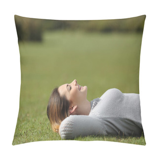 Personality  Beautiful Woman Resting On The Grass In A Park Pillow Covers
