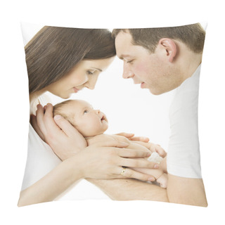 Personality  Parents And Baby. Family Mother, Father And Newborn Kid Over White Isolated Background. New Born Child Birth Love Concept Pillow Covers