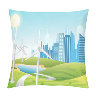 Personality  Wind Power Plant. Wind Turbines. Green Energy Industrial Concept. Vector Illustration In Flat Cartoon Style Of Wind Power Station With Urban City Background. Renewable Energy Sources. Pillow Covers