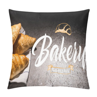 Personality  Fresh Croissants On Towel Near Bakery And Coffee Lettering On Concrete Grey Surface  Pillow Covers