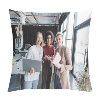 Personality  Cheerful Multiethnic Women With Notebook And Gadgets Looking At Camera In Ad Agency Pillow Covers