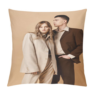 Personality  Appealing Young Man In Debonair Suit Posing Next To His Beautiful Girlfriend Who Looking At Camera Pillow Covers
