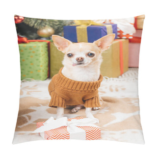 Personality  Close Up View Of Cute Chihuahua Dog In Sweater With Wrapped Christmas Presents Behind At Home Pillow Covers